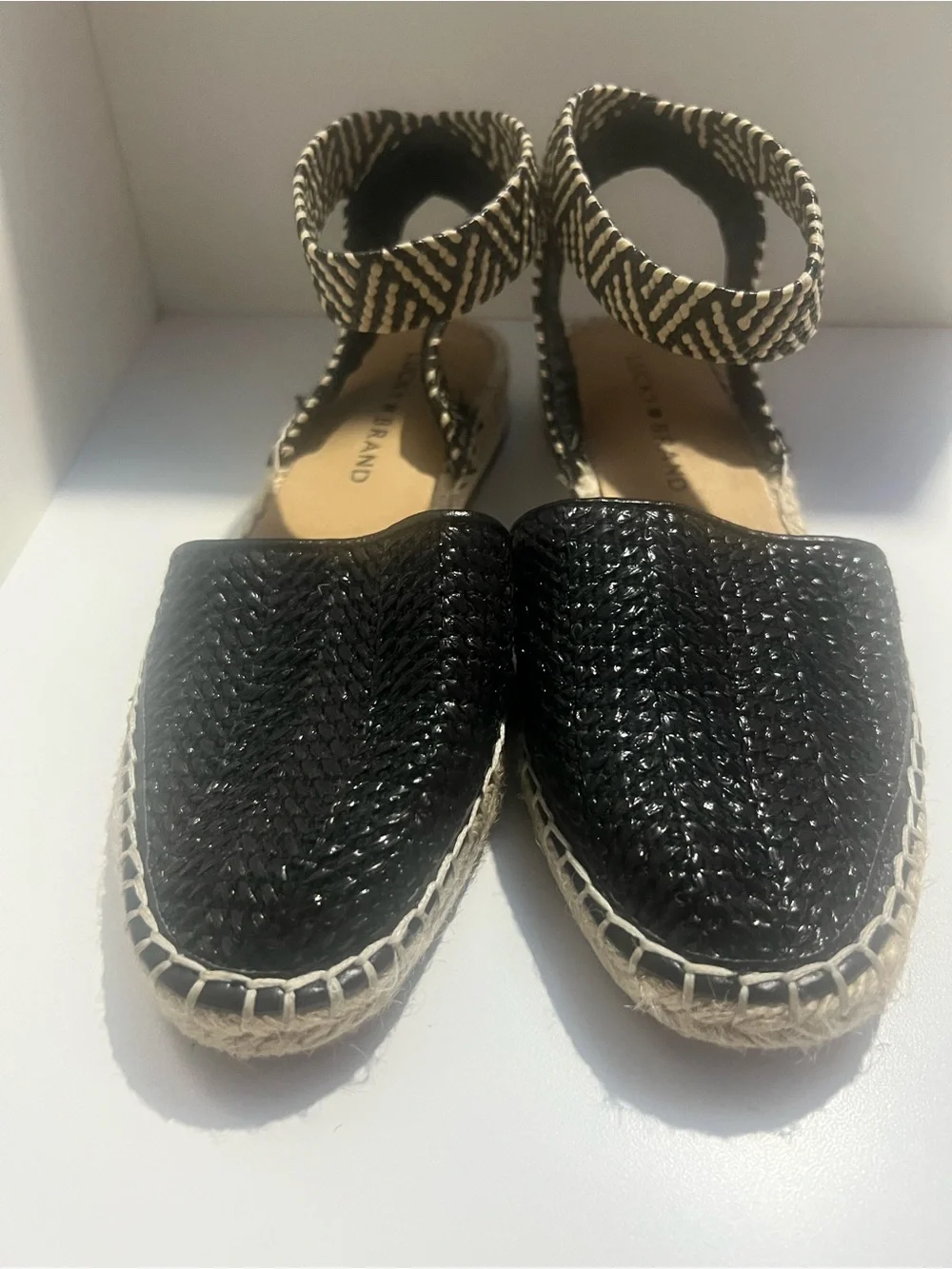 Lucky Brand Renka Black Leather Espadrille Ankle Strap Sandals Boho Chevron
